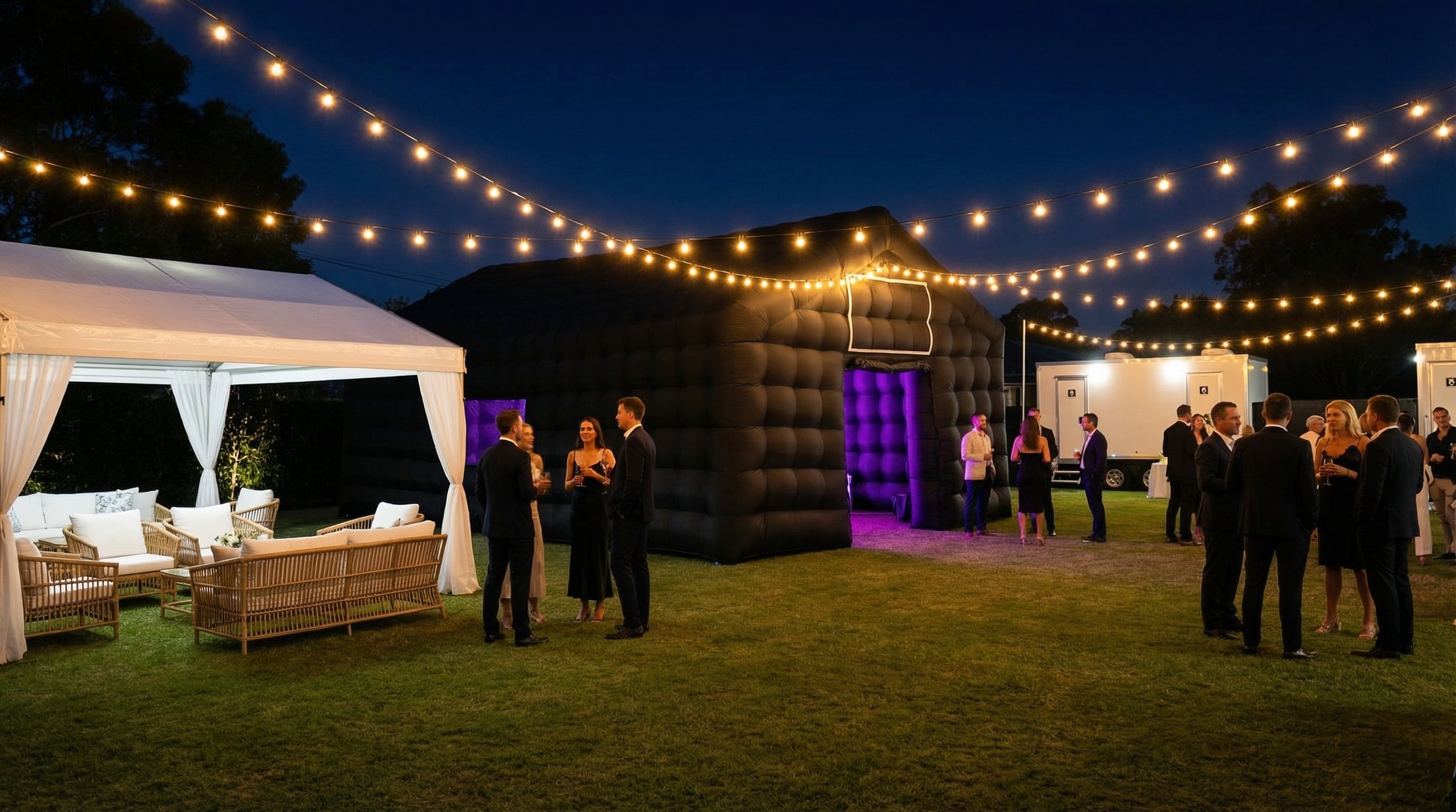 Wide view of the inflatable nightclub and outdoor party area beneath festoon lights