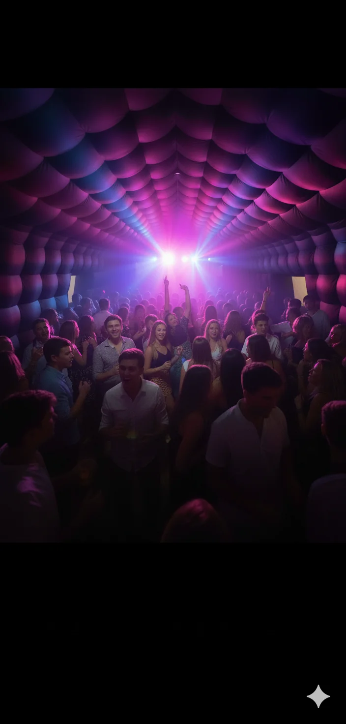 Party guests beneath multicoloured lights inside the inflatable nightclub