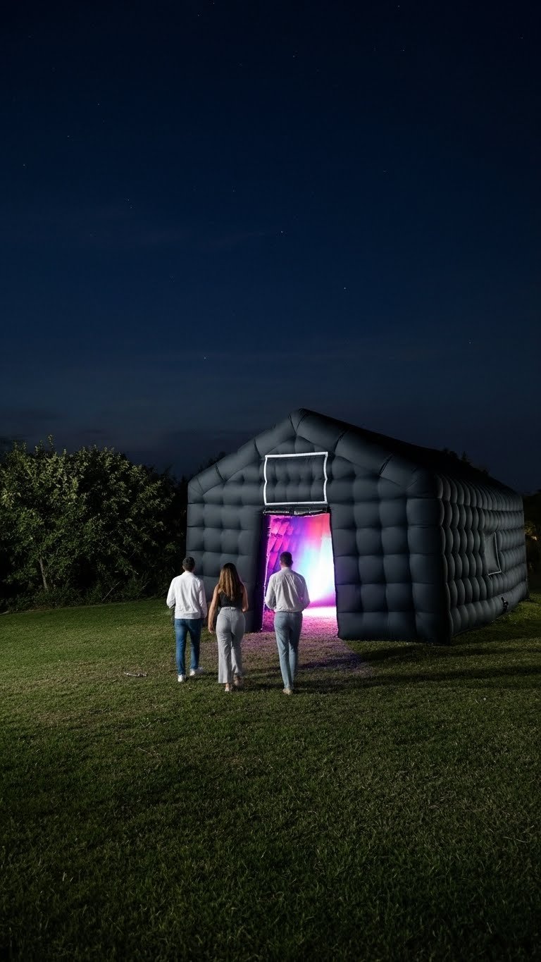 Guests approaching the illuminated entrance of the black inflatable nightclub at night