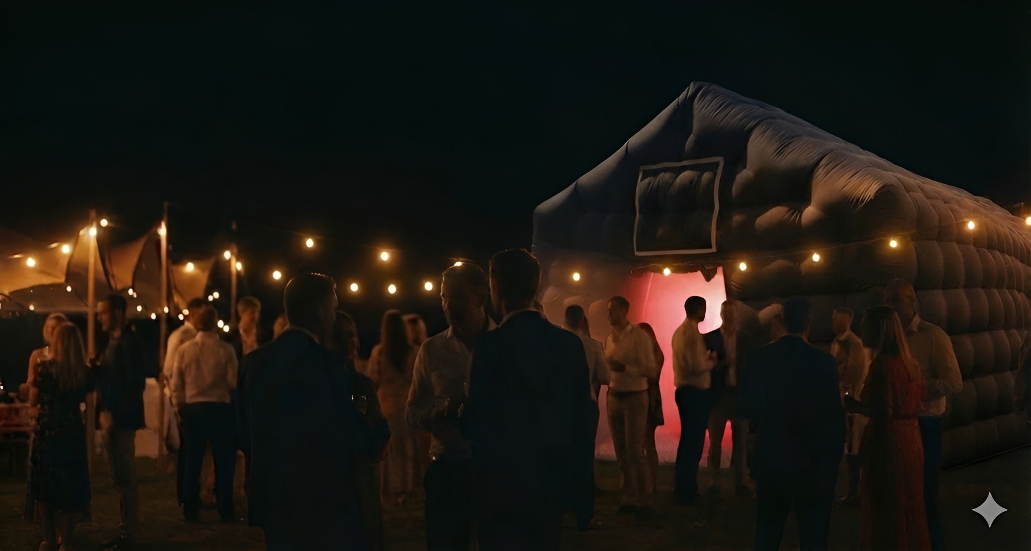 Black inflatable nightclub and outdoor party area beneath festoon lights at night