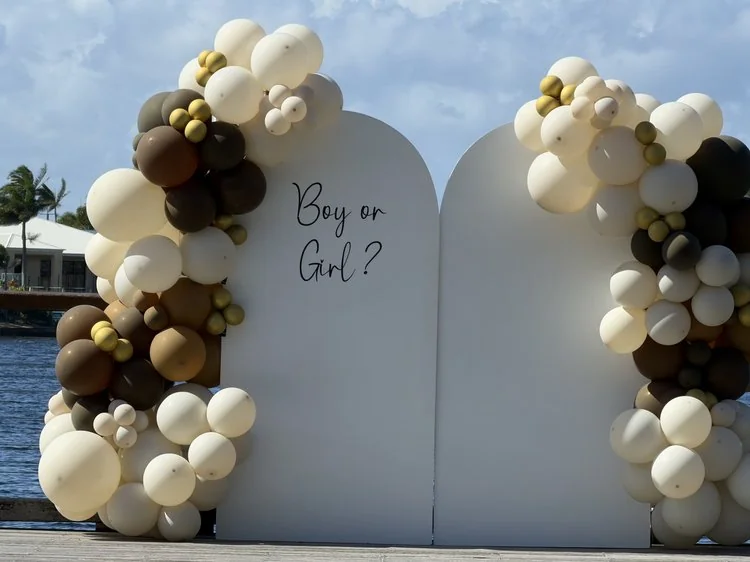 Boy or Girl backdrop with white, gold and beige balloon garlands