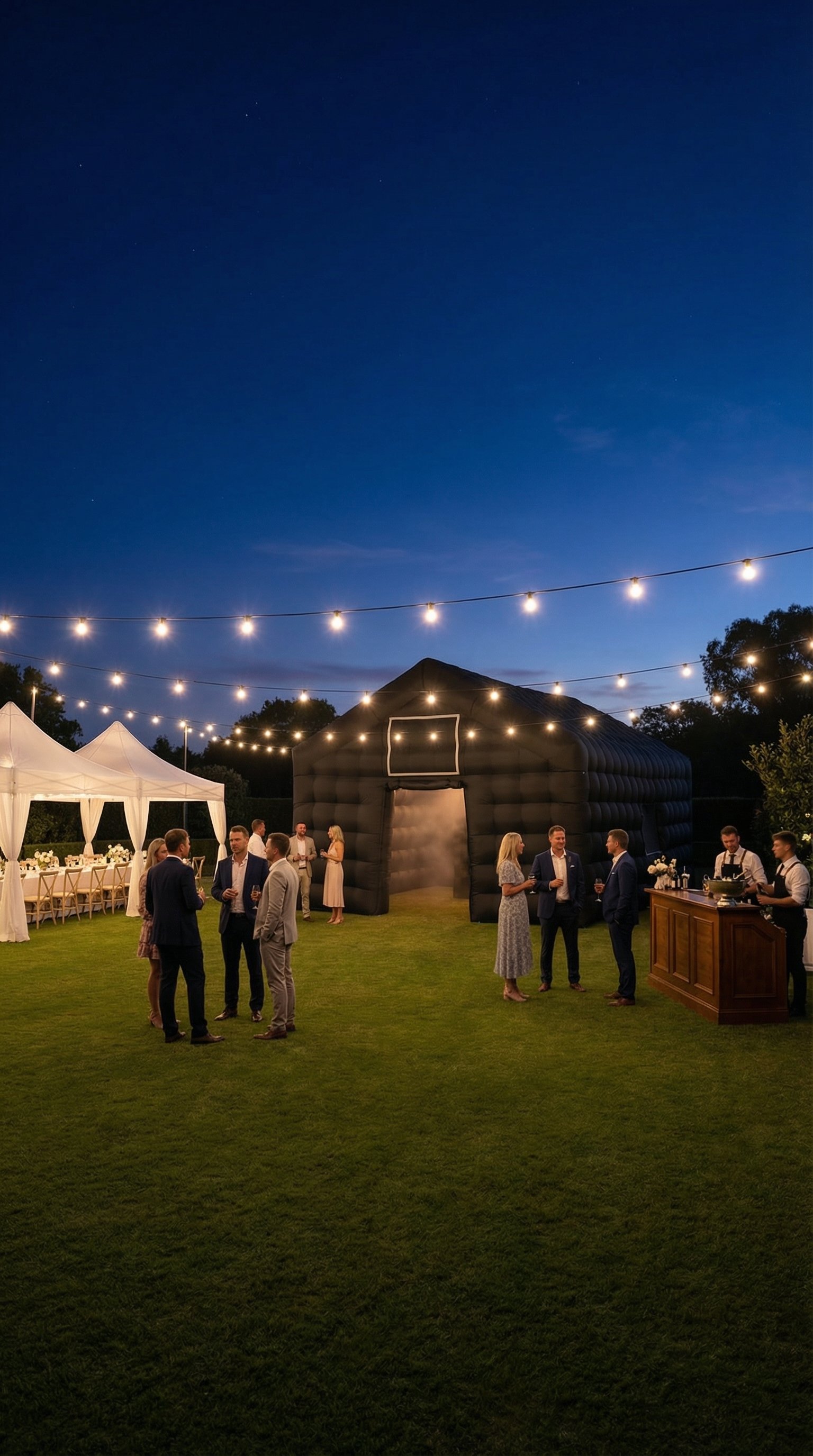 Inflatable nightclub and outdoor party area beneath festoon lights at dusk