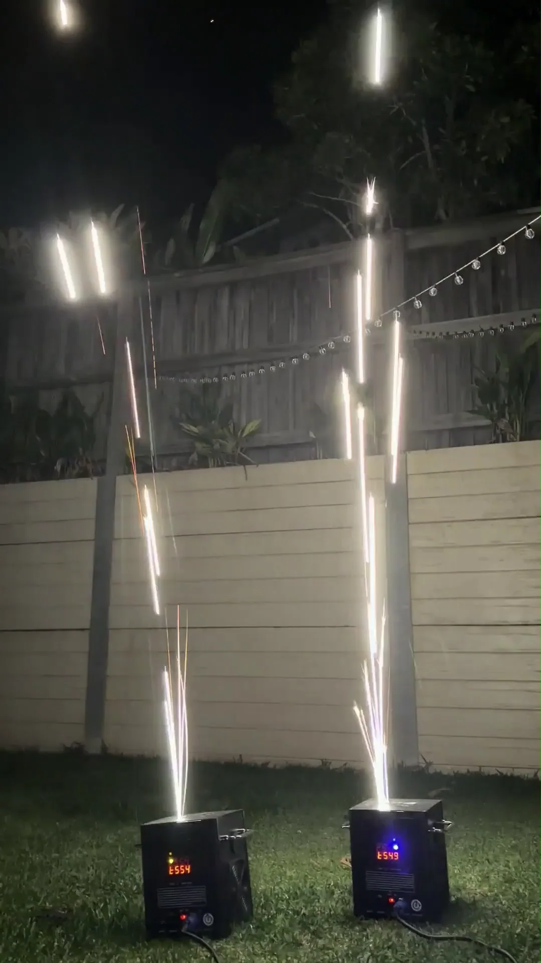 Pair of optional cold spark machines operating outdoors